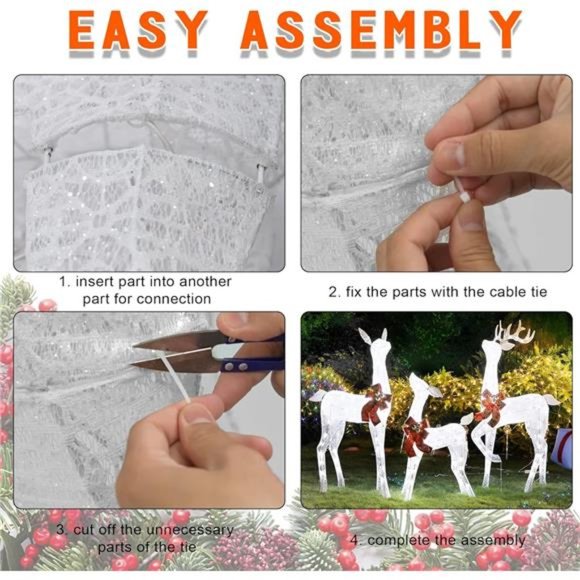 Set of 3 Pre-lit White Reindeer with 265 LEDs White Lights, 3D Light Up - Picture 5 of 6